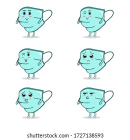 cute face mask mascot on isolated white background for collection of funny stickers.
