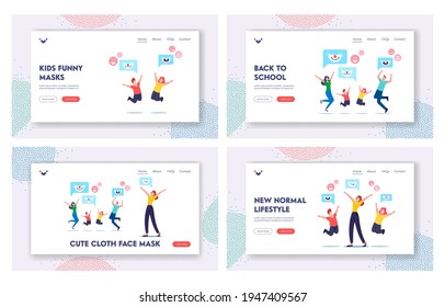 Cute Face Masks Landing Page Template Set. Characters Wearing Funny Kids Masks with Animal Muzzles for Protection of Coronavirus Cells or Dust. New Normals of Life. Cartoon People Vector Illustration