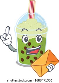 Cute face matcha bubble tea mascot design with envelope