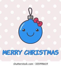  Cute face. Merry Christmas card. Christmas tree decoration on snowy background.