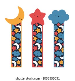 Cute Face Moon, Star and Cloud Bookmarks, Printable Sky Template Bookmark Cartoon Vector