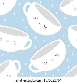 cute face mug, coffee and tea cup, cartoon smile face seamless pattern background, vector illustration