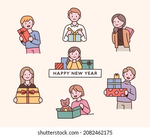 Cute face people characters holding gift boxes. flat design style vector illustration.	
