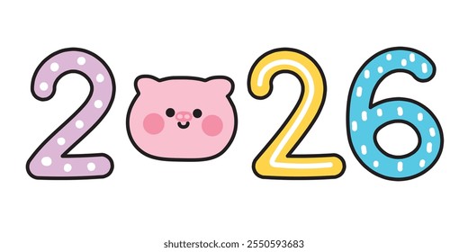 Cerdo lindo de la cara en el texto de 2026. Feliz año nuevo. Festival. Zodiaco chino. Diseño de dibujos animados de animales de granja. Kawaii. Vector. Ilustración.