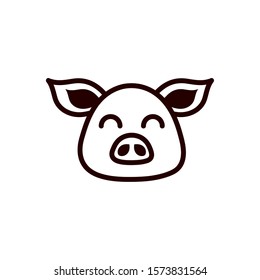 Cute Face Pig Animal Cartoon Icon On White Background Thick Line