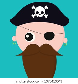 Cute face of pirate with earrings covers one of his eyes with a patch and wears a cap that bears the head of a skeleton with bones vector color drawing or illustration 