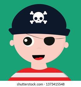 Cute face of a pirate in a red shirt with white longitudinal stripes has covered one of its eyes with patch and head with a blue cap that bears the head of a skeleton with bones is laughing vector