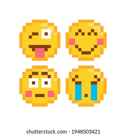Cute face pixel icons. Smile icons. Isolated pixel art vector illustration on white background