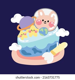 Cute Face Rabbit In Astronaut With Star And Planet On Cake Cartoon.Sweet Food Hand Drawn.Galaxy.Kawaii.Vector.Illustration.