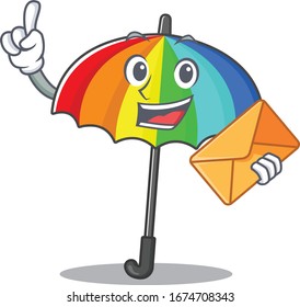 Cute face rainbow umbrella mascot design with envelope