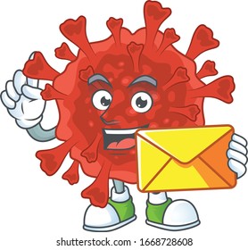 Cute face red corona virus mascot design holding an envelope