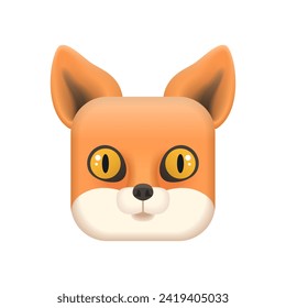 Cute face of red wild fox, animal head in button of square shape vector illustration