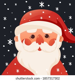 Cute face santa claus christmas. Santa Claus is coming and hold present walking on the snow. Winter background for holiday season design. Vector illustration