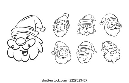 Cute face santa claus and hats hand drawn coloring