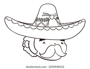 Cute face of a short man -or chaparro- with mustache and mariachi hat. Design in outlines for coloring.