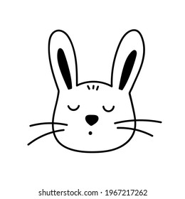 Cute face of a sleepy bunny isolated on white background. Vector hand-drawn illustration in doodle style. Suitable for Easter designs, cards, decorations.