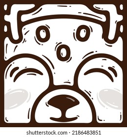 Cute face of smiling deer with horns in brown frame. Handdrawn coloring book page with forest animal. Christmas gift for kids. Fragment of advent calendar. Concept of winter holiday, joy, birthday
