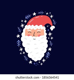 Cute face of smiling Santa Claus in red christmas hat with different decorations. Vector illustration in cartoon style.