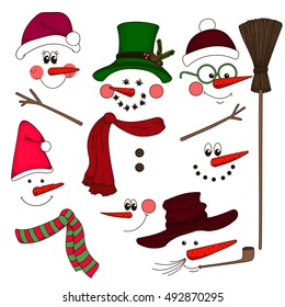 Cute face snowmen collection. Vector illustration.