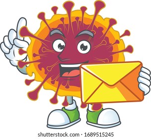 Cute face spreading coronavirus mascot design holding an envelope