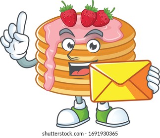 Cute face strawberry cream pancake mascot design bring brown envelope