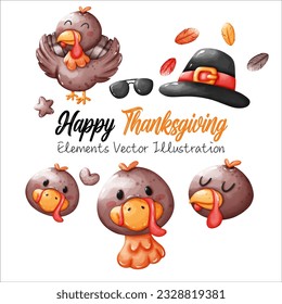 Cute Face Turkey and glasses hat Thanksgiving Fall Autumn Balloon Heart and Star Elements Watercolor Vector File ,Clipart cartoon style For banner, poster, card, t shirt, sticker