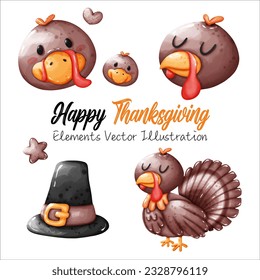 Cute Face Turkey and hat Thanksgiving Fall Autumn Balloon Heart and Star Elements Watercolor Vector File ,Clipart cartoon style For banner, poster, card, t shirt, sticker