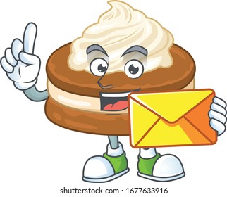 Cute face white cream alfajor mascot design holding an envelope