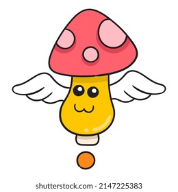 cute faced winged mushroom, vector illustration art. doodle icon image kawaii.