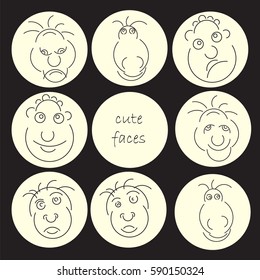 Cute faces abstract avatar set. Funny humor character collection. Vector illustration. Smiling and angry expressions.
