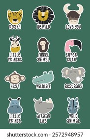 Cute faces of African animals large set. Hand drawn stickers with animals and funny lettering.	