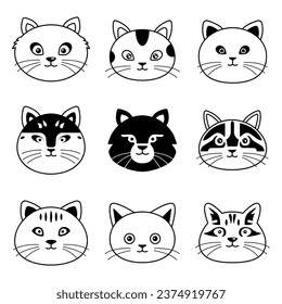 Cute faces of cats. Collection of different cats in simple linear style. Vector illustration