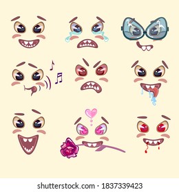 Cute faces with different emotional expressions. Vector drawing in cartoon style. Pretty emoji for correspondence in messengers or design. Nine emoticons.