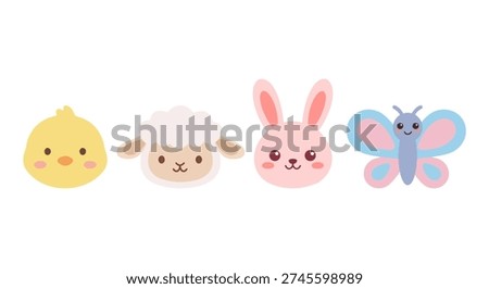 Cute faces of Easter animals including chick, lamb, bunny, and a butterfly in flat style.