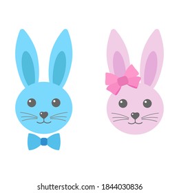 cute faces of easter bunnies with bow on white background