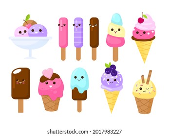 Rute hat Eis. Kids Cartoon Charaktere, sommerliche kulinarische Produkte, lustiges kindliches Gelato Design, leckere Desserts. Emoji-Aufkleber-Kollektion. Vektor-Cartoon-Set einzeln