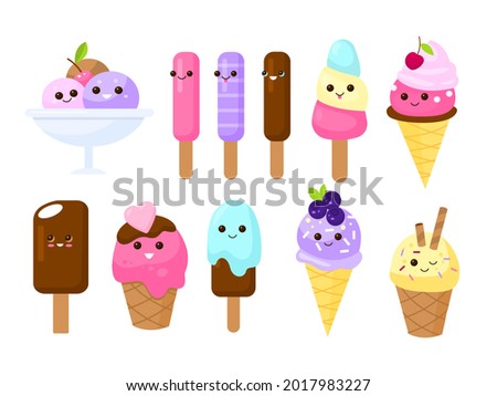 Cute faces ice cream. Kids cartoon characters, summer culinary products, funny childish gelato design, yummy smiling desserts. Emoji stickers collection. Vector cartoon flat isolated set