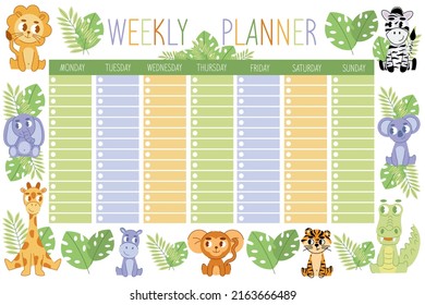 Cute faces of jungle animals. Planner for a week. Vector colorful illustration in simple Scandinavian cartoon style with rainbows and clouds. The limited palette is ideal for a childs school schedule