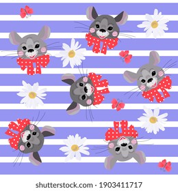 Cute faces of mice with red bows with white polka dots, pink butterflies and daisies on  blue striped background. Seamless pattern for baby.