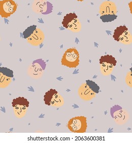 Cute faces seamless pattern. Background from muzzles. Vector illustration for design, postcards, baby clothes, gift paper, fabric