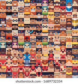 Cute faces seamless pattern for pixel art style game,different characters, fabric textures,  print for clothes. Isolated vector illustration. Design for stickers, logo, web, mobile app. 