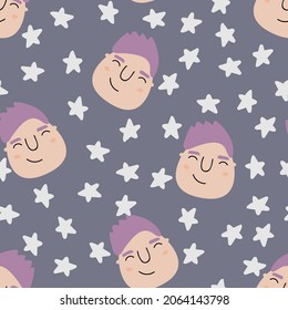 Cute faces and stars seamless pattern. Delicate background in the Scandinavian style. Vector illustration for design, postcards, baby clothes, gift paper, fabric.