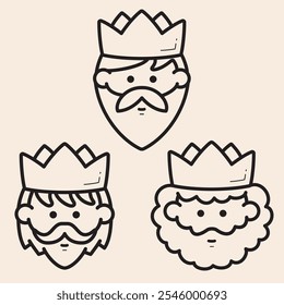 Cute faces of three magi wise kings characters with crowns, moustache, long hair, beard and happy mood vector outline icons