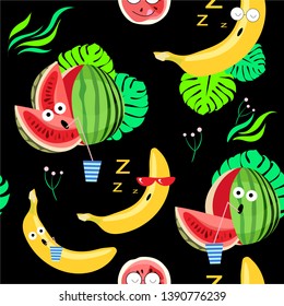Cute faces watermelons and bananas. Summer pattern for textiles. Bright seamless print