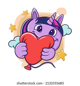 cute facial expression illustration of a little unicorn holding a red balloon, suitable for stickers and t-shirts