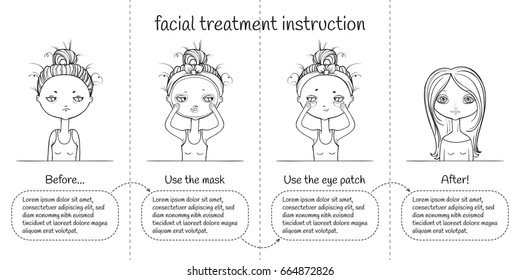 Cute Facial treatment monochrome 4 steps instruction, girl