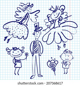 cute fairies, children and a man drawn on sheet of paper