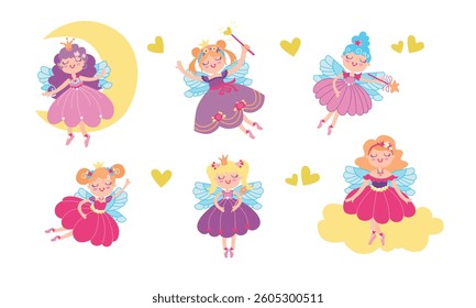 Cute Fairies collection. Little magic girls set. Hand drawn vector illustration. Beautiful flying fairy with dragonfly wings