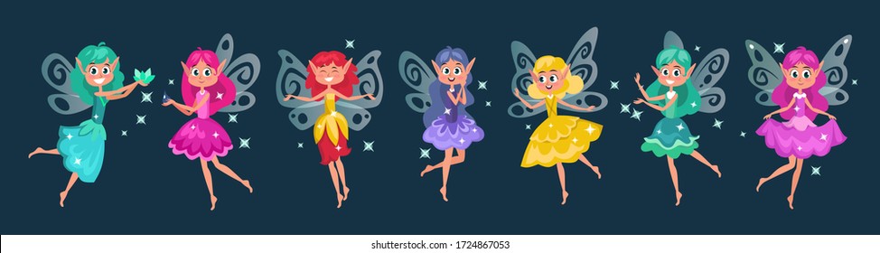 Cute fairies dressed in colourful dresses vector illustration. Little creatures with bright hair and wings flat style. Mythical characters on dark background. Magic concept