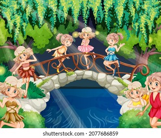 Cute fairies in fantasy forest illustration